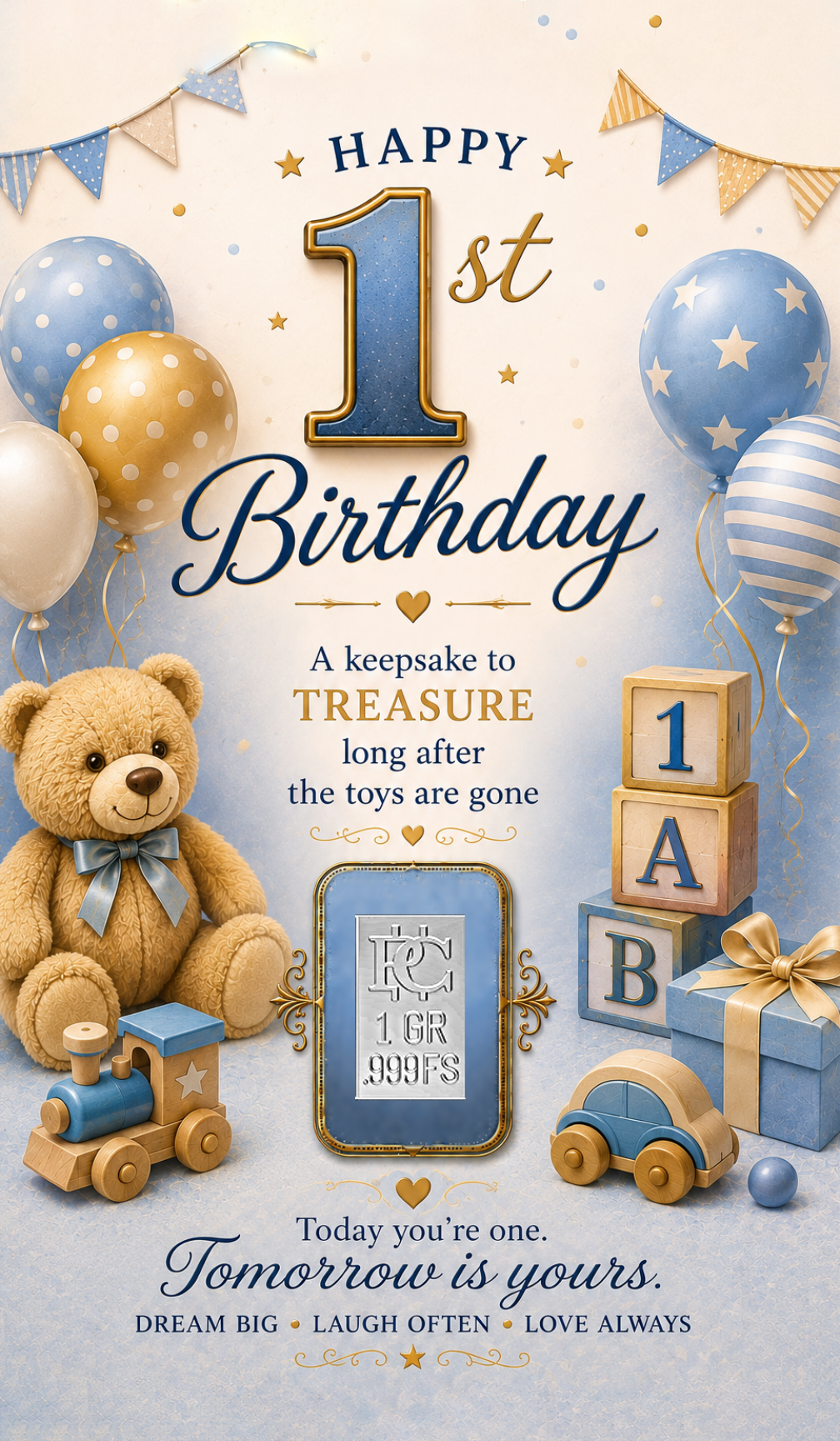 Baby's First Birthday Blue Silver Card - Front