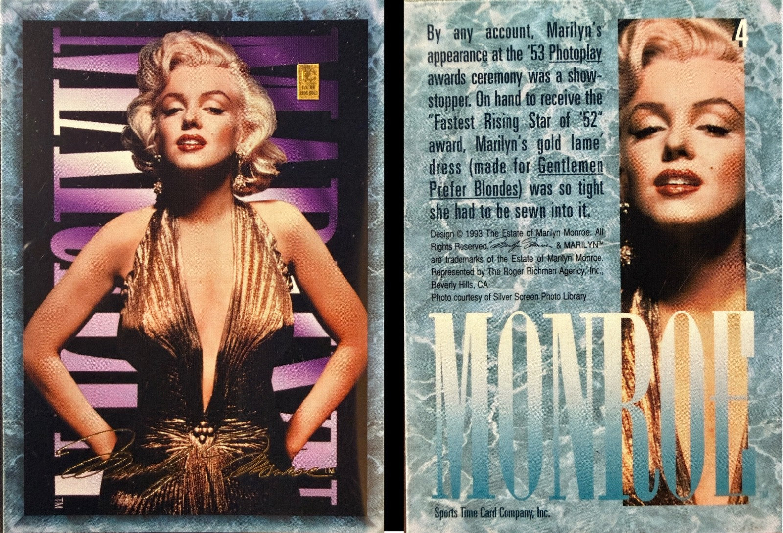 Marilyn Monroe 1993 Gold Trading Card 1/4 Grain .999 Gold - Choose Your Card
