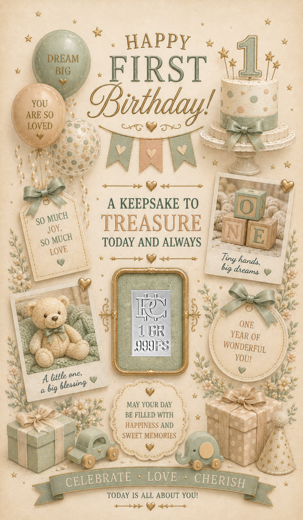 Baby's First Birthday Earth Toned Silver Card - Front