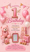 Baby's First Birthday Pink Silver Card - Front
