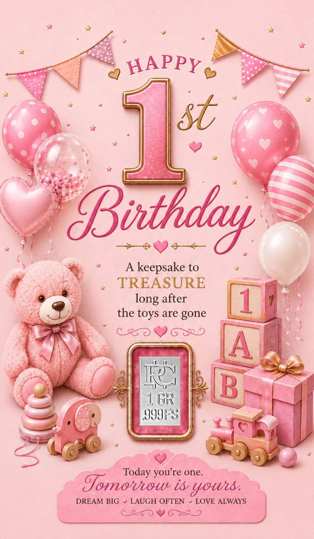 Baby's First Birthday Pink Silver Card - Front