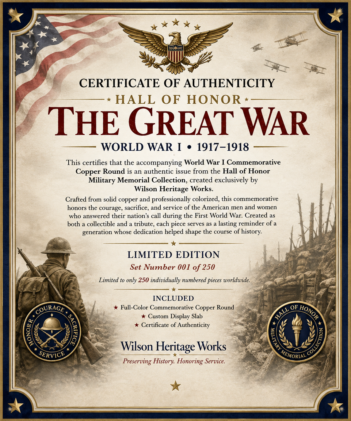 A decorative certificate-style product print titled 'Certificate of Authenticity' for 'The Great War: World War I 1917-1918' from Wilson Heritage Works. The design has a vintage aged-paper background with an American flag at the top, military illustrations along the bottom, ornate border details, and text describing a limited edition copper round commemorative piece.