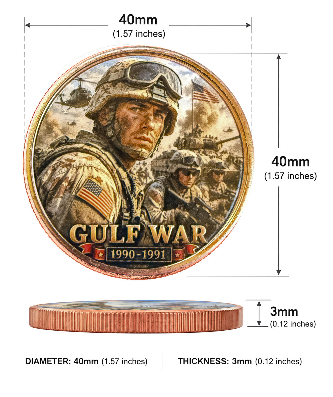 Desert Shield Desert Storm Gulf War commemorative copper round size diagram — 39mm Hall of Honor limited edition collectible