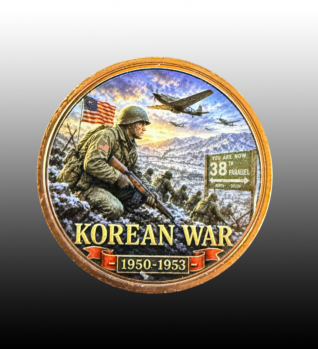 A circular commemorative coin or medallion featuring a Korean War scene with a soldier in the snow, military planes, mountains, and the text 'KOREAN WAR 1950-1953' on a gold-toned rim against a gray-to-black gradient background.