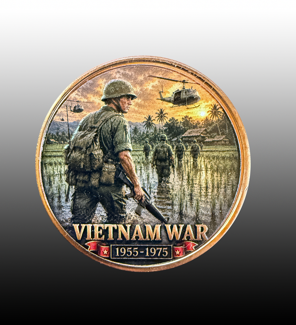 A circular Vietnam War commemorative coin or medallion featuring a soldier wading through water with helicopters overhead, plus the text 'VIETNAM WAR 1955-1975' at the bottom, shown on a gray-to-black gradient background.