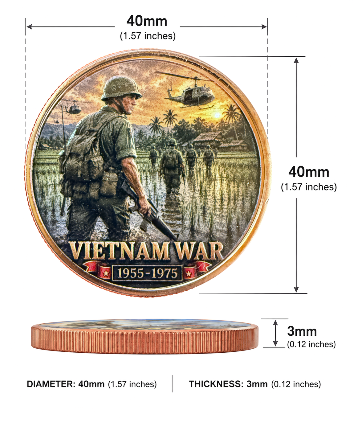 A War Remembered Vietnam War commemorative copper round size diagram — 39mm Hall of Honor limited edition collectible