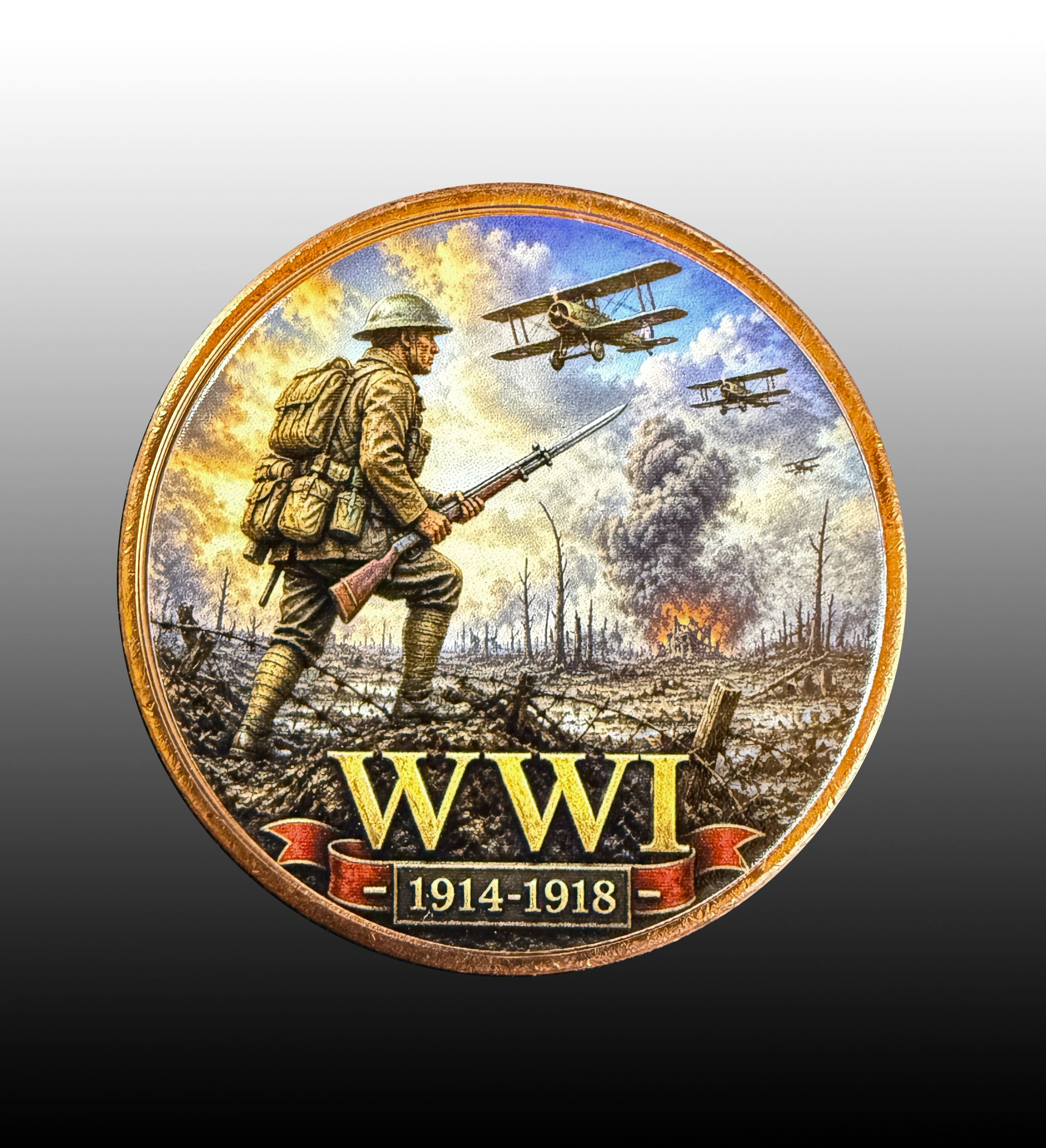 A circular commemorative pin or badge featuring a World War I soldier walking through a war-torn landscape, with biplanes overhead, smoke, and the text 'WWI 1914-1918' at the bottom. The badge is centered on a gray-to-black gradient background.