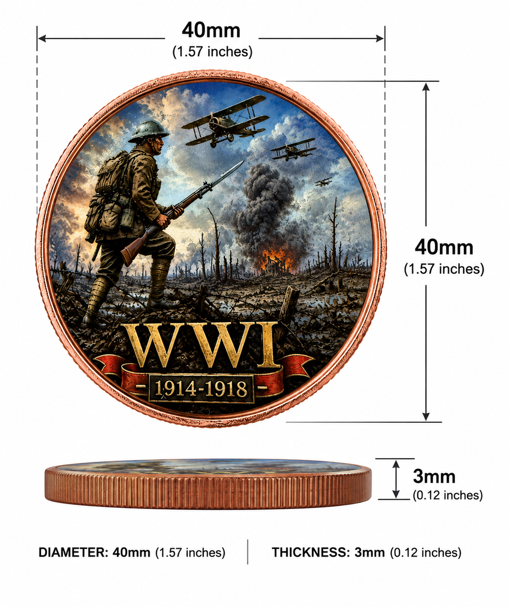 The Great War WWI commemorative copper round size diagram — 40mm Hall of Honor limited edition collectible