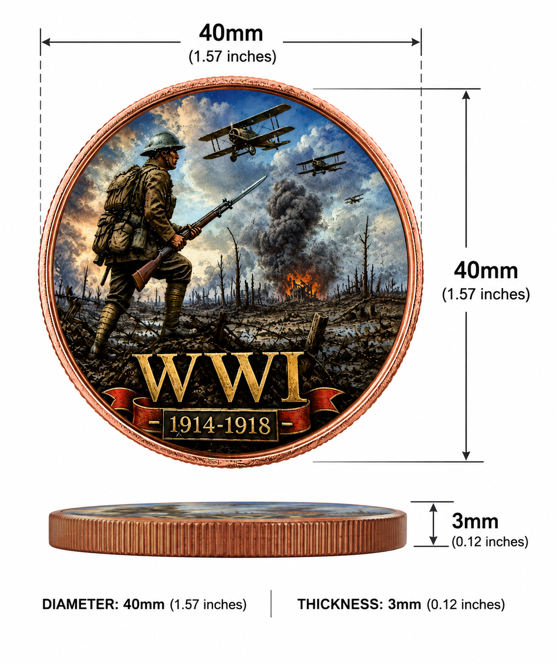 The Great War WWI commemorative copper round size diagram — 40mm Hall of Honor limited edition collectible