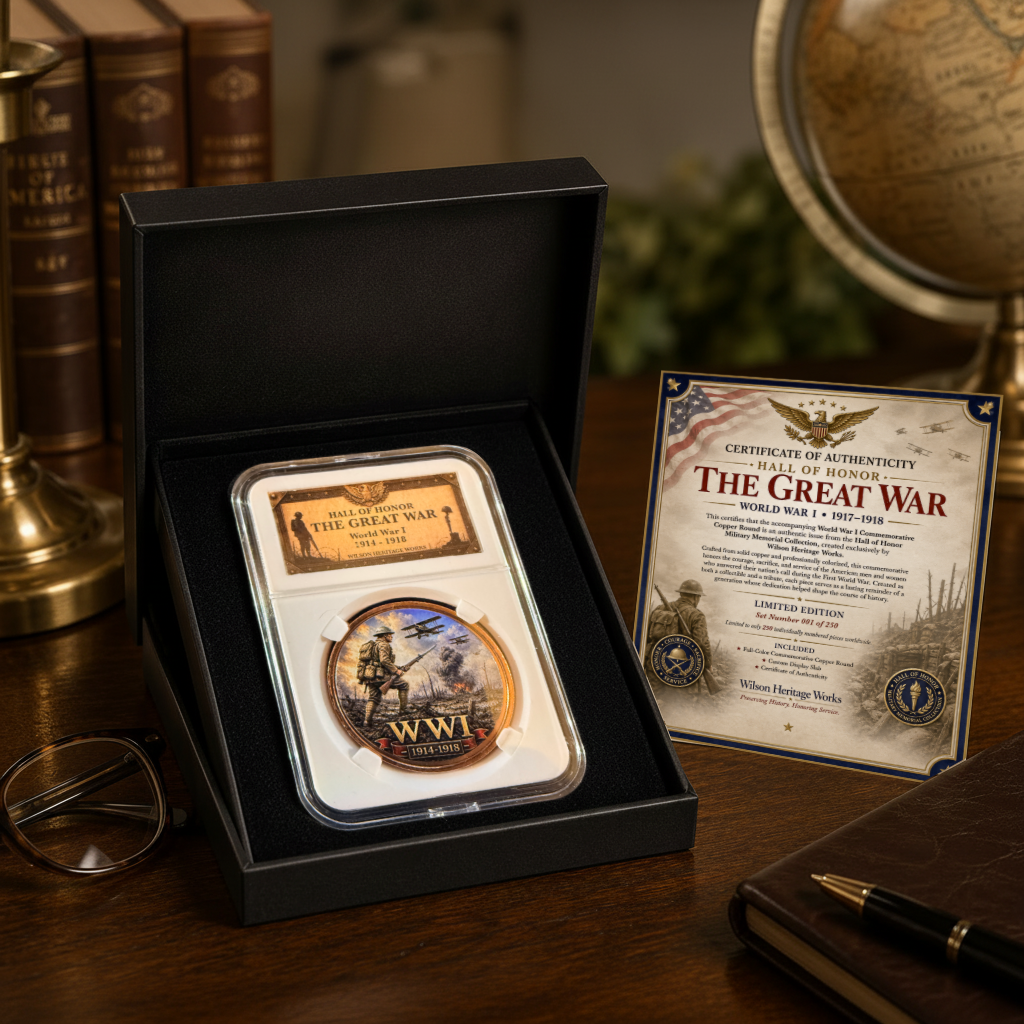 A commemorative World War I coin display set in an open black presentation box, shown on a wooden desk with a certificate of authenticity, glasses, books, and a globe in the background.