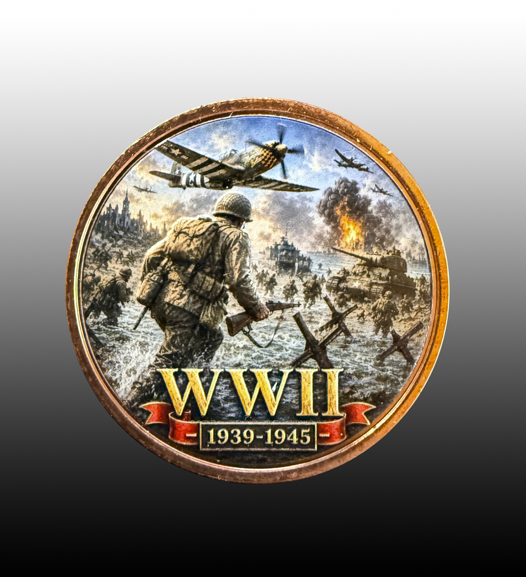 The Greatest Generation WWII commemorative copper round — full-color colorized 39mm copper bullion round 1939-1945 Hall of Honor Wilson Heritage Works
