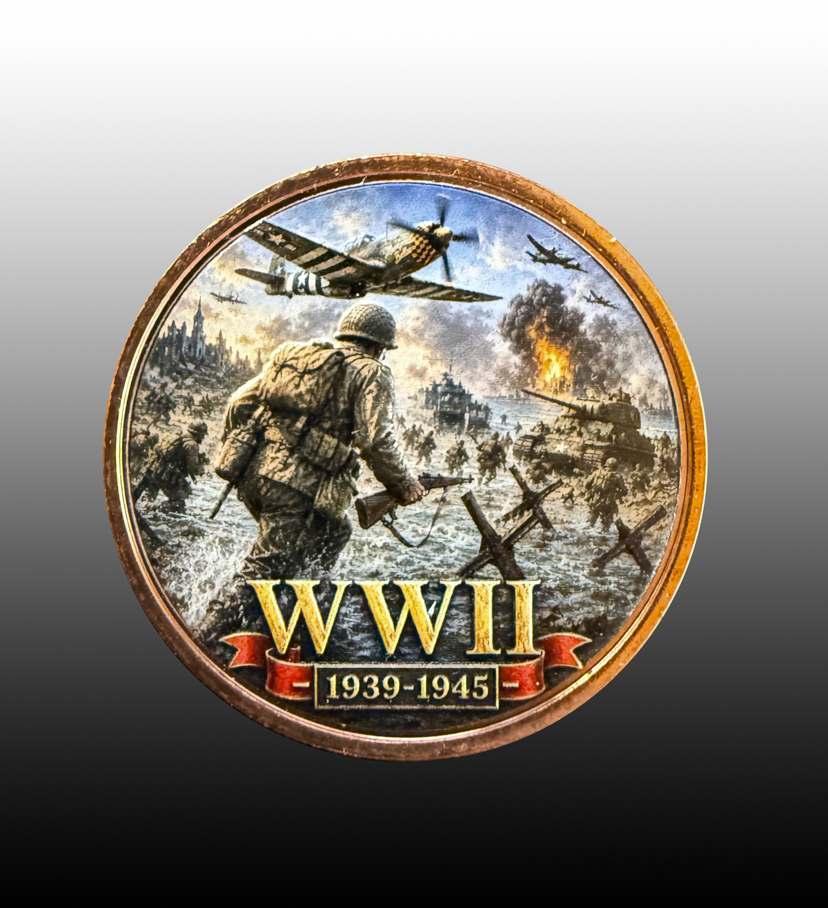 The Greatest Generation WWII commemorative copper round — full-color colorized 39mm copper bullion round 1939-1945 Hall of Honor Wilson Heritage Works