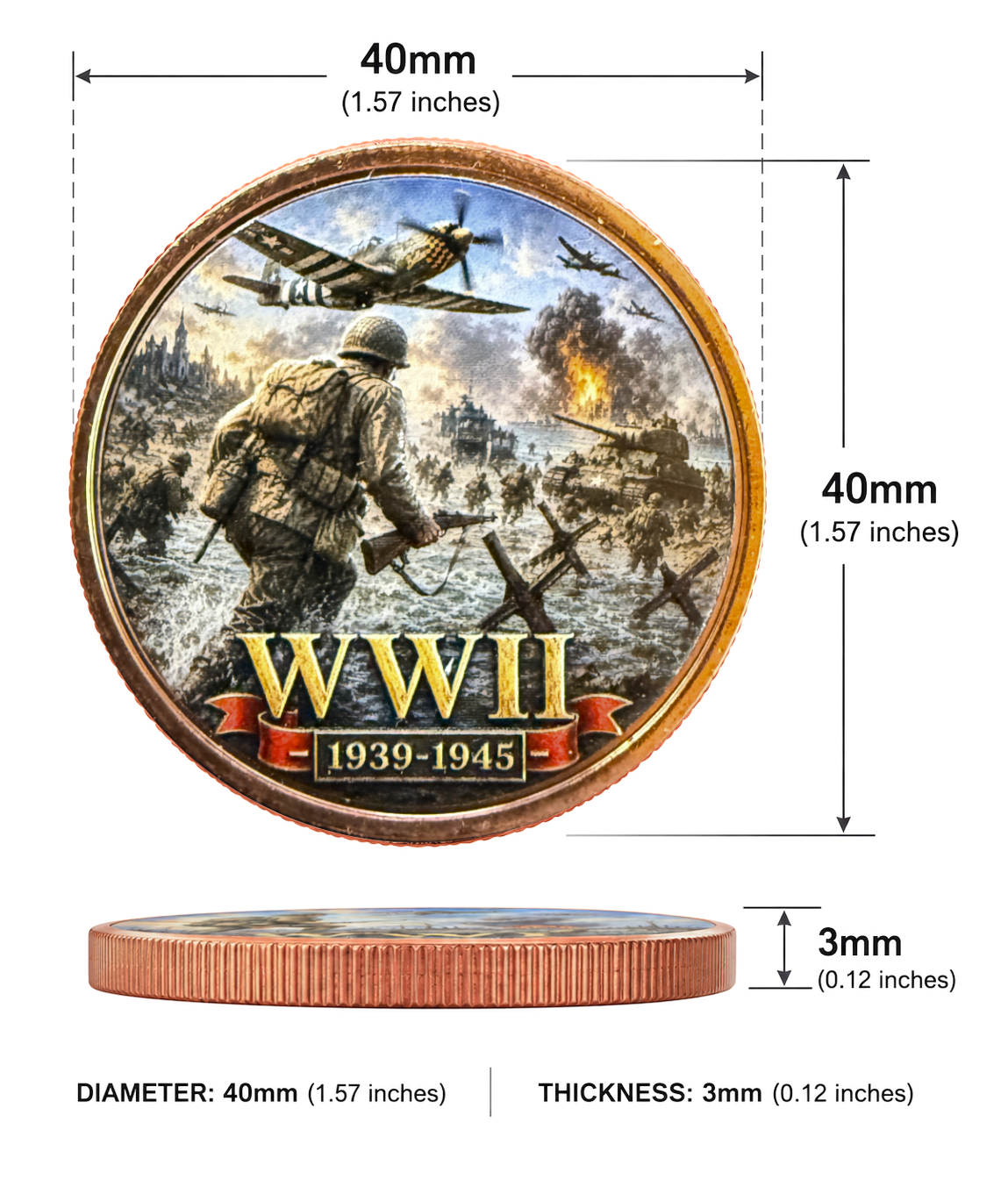 The Greatest Generation WWII commemorative copper round size diagram — 39mm Hall of Honor limited edition collectible